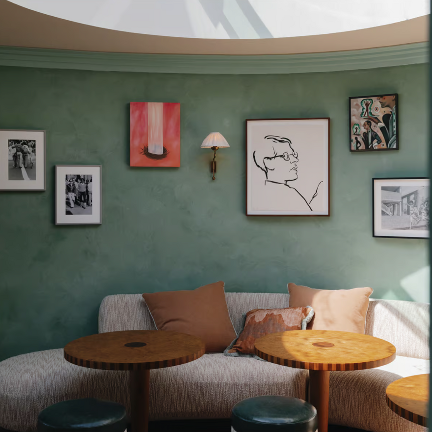 Viero UK's Veneto Venetian plaster in pastel green adds soft elegance to the Soho House Brighton lounge area.